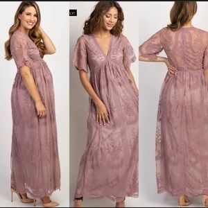 PinkBlush Mauve Lace Mesh Overlay Maternity Dress